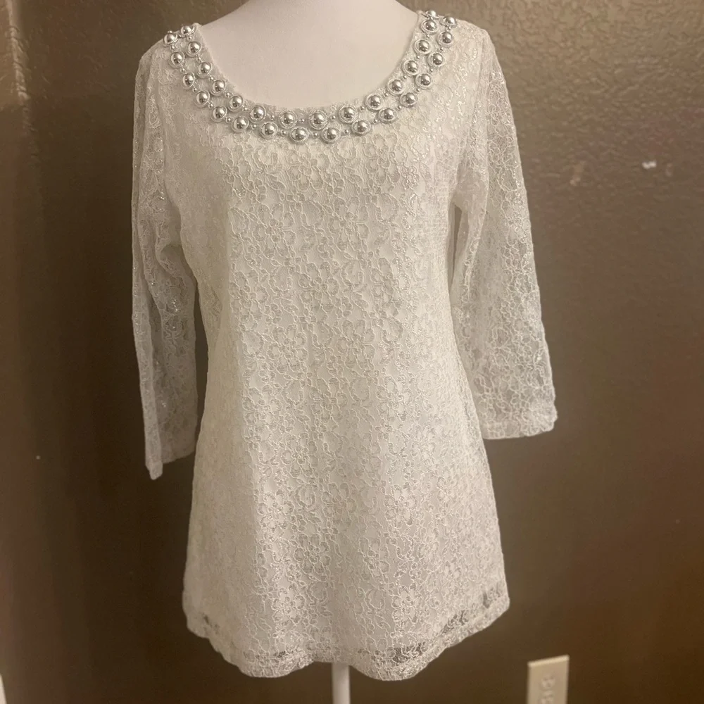 Pearl-Embellished White Lace Blouse for Women L - Picture 2 of 9